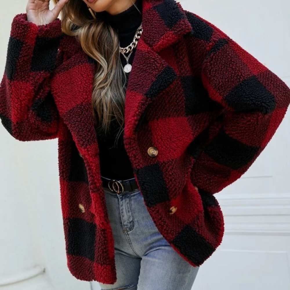 Red Plaid Buffalo Faux Shearling Teddy Coat - Picture 3 of 3